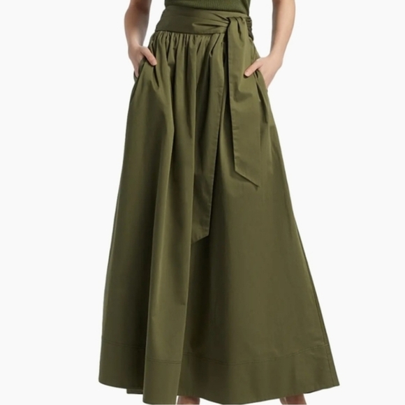 Toccin Sabine Tie Front Midi Skirt Stretch Cotton Pockets Olive S NWT - Picture 5 of 16